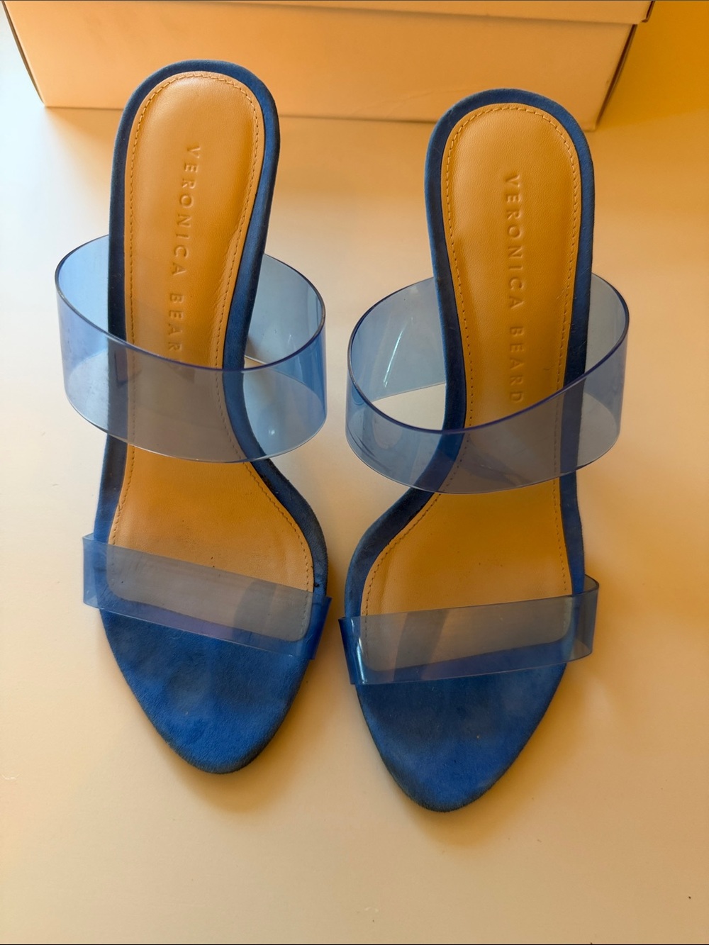 Veronica Beard Blue Suede Slide Sandals with Clear Straps